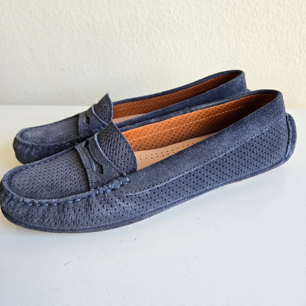 Aquatalia Navy Blue Perforated Suede Penny Loafers Made in Italy Women 9 Driving